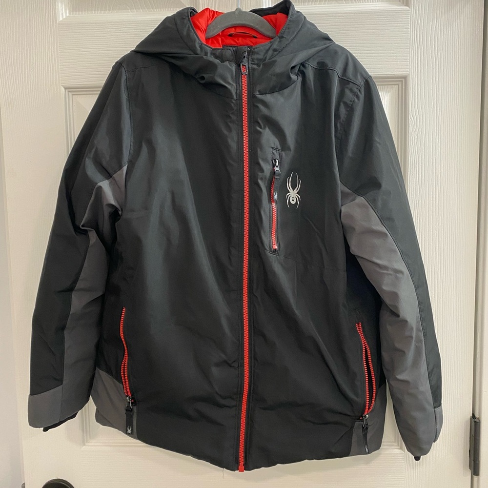 Spyder Black Gray Ski Winter Coat Jacket with Red Trim Kids Medium (10-12)